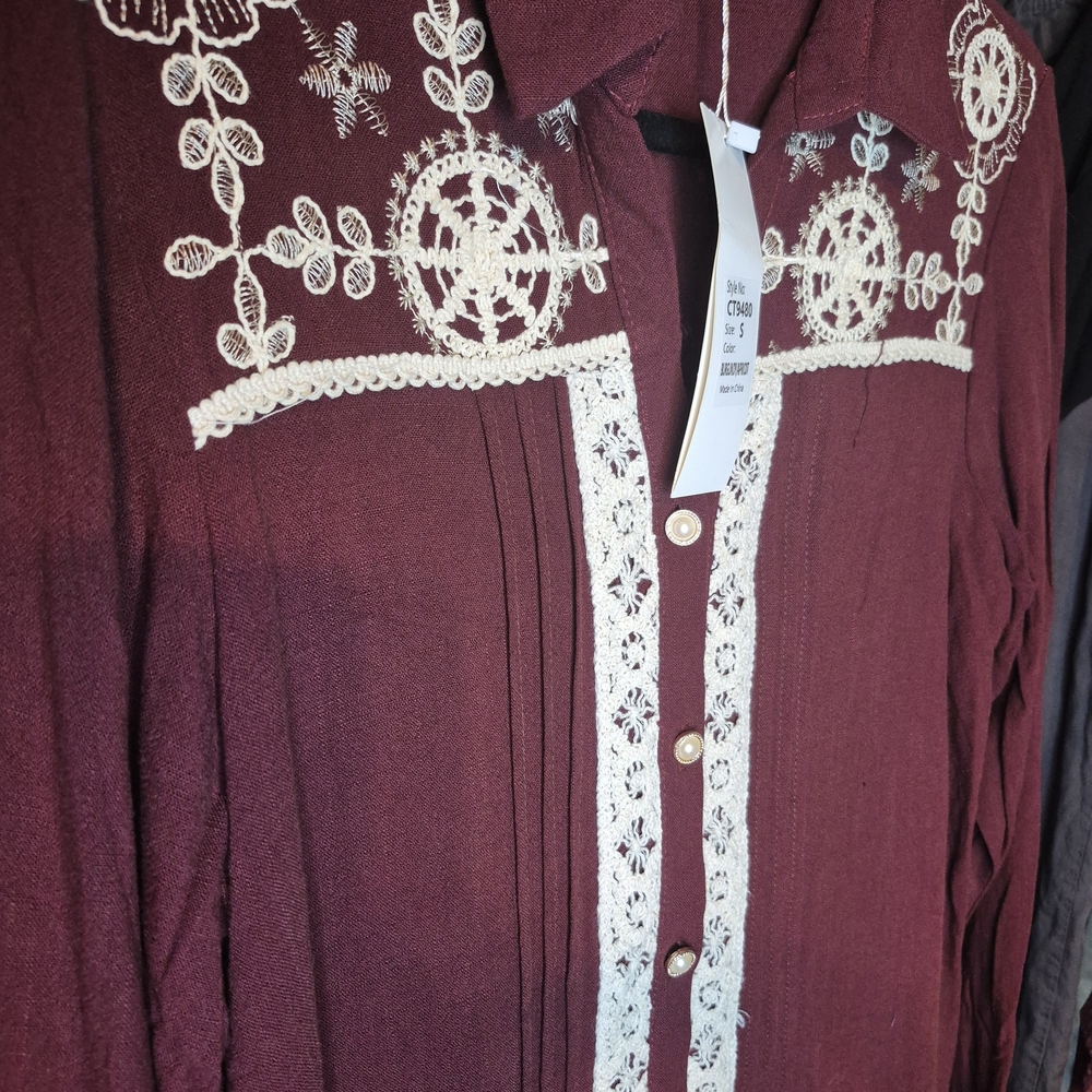 Elegant Maroon Embroidered Button Down Shirt - Picture 5 of 9